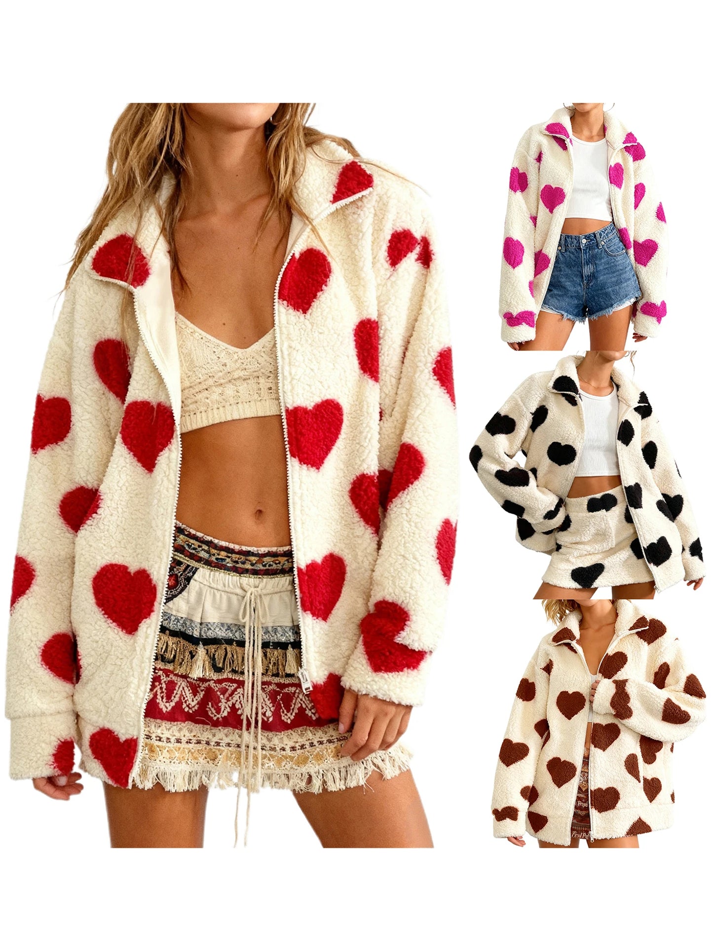 Women s Valentine s Day Heart Print Hooded Sweatshirt Casual Long Sleeve Pullover Loose Fit Fleece Jacket Coat