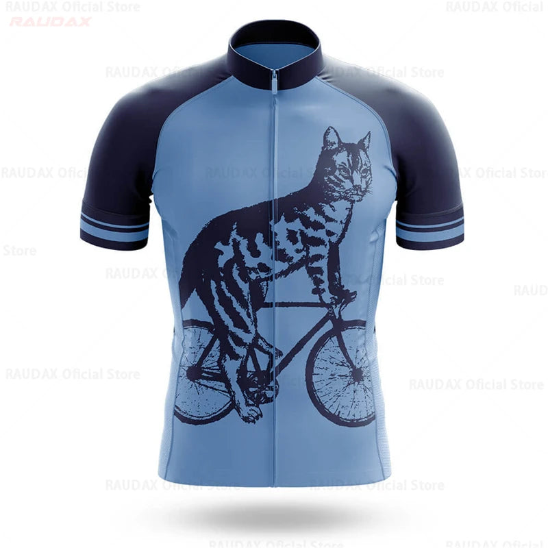 2023 Men's Cycling Clothes Funny Cartoon Cat Summer Short Sleeve Cycling Jersey Set Breathable Quick Dry Sportswear Bike Uniform