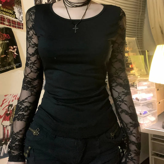 Black Gothic T-shirt For Women Sexy Club Lace Semi-see-through Long Sleeve Crop Tops Y2K Aesthetic 2000s Tee Autumn New