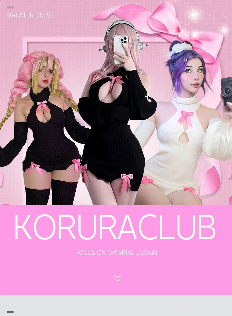 KORURACLUB autumn and winter Bowknot Sexy Black Knitted dress stockings Pink straps Backless Soft girl Turtleneck sweater
