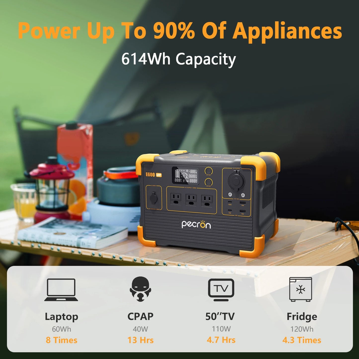 pecron E600LFP Portable Power Station 614Wh Solar Generator with 3X1200W AC Outlets LiFePO4 Battery Backup for Outdoor Camping