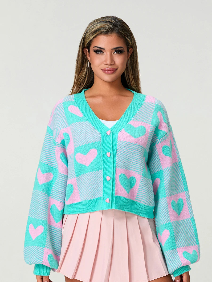 Valentine s Day Women s Heart Print Knit Sweater Cardigan with Long Sleeves V Neck and Button Up Detail