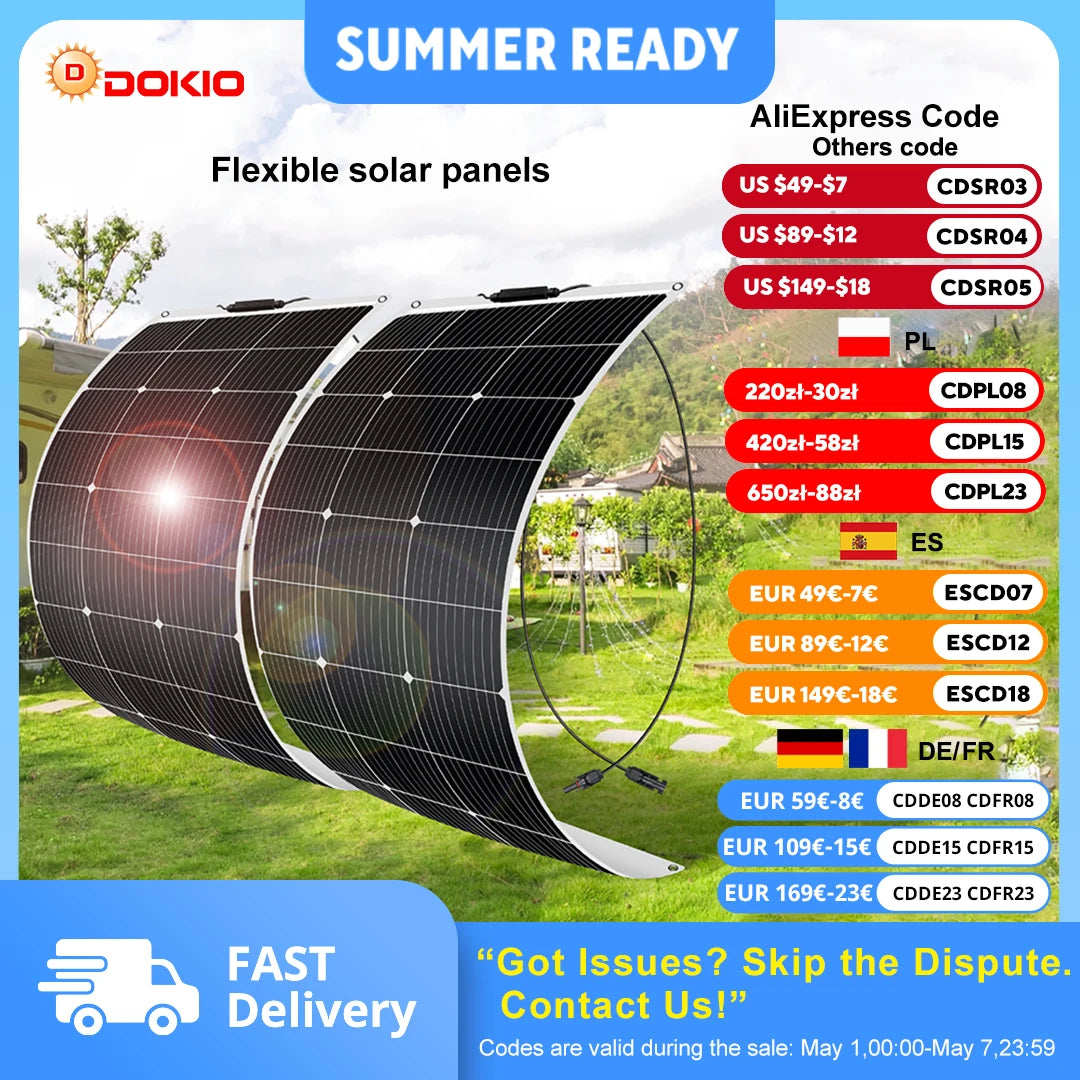 DOKIO 18V 200W/200W set Flexible Solar Panels Waterproof Monocrystalline Solar Panel Camping RV Home Charge 12V