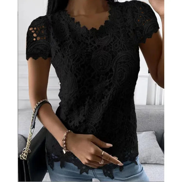 Lace T Shirt Women Elegant Casual Tshirt Woman Clothing Summer Fashion Tops Tee Vintage Clothes Streetwear Solid T-Shirts Blusas