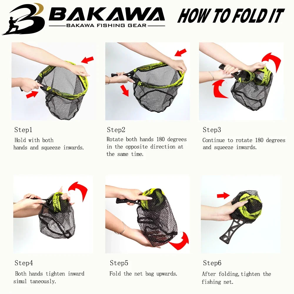 BAKAWA 25 30 S L Compact Folding Landing Net Rubber Mesh Lightweight Portable Fish Net Bass Fishing Quality Net Pesca Accesorios