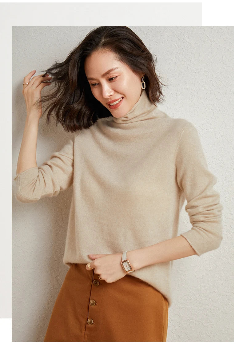 100%Merino Pure Wool Sweater Women's AutumnWinter Long Sleeve High Neck Pullover Warm High Quality Solid Color Basic Knit Jumper