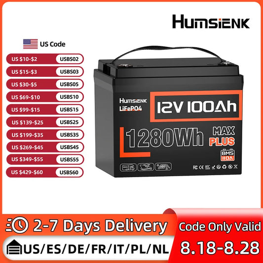 Humsienk LiFePO4 Lithium Battery Packs 12V 100AH MAX 100A BMS 1280Wh For RV/ Vans/ Trolling Motor/ Off-grid/ Home Storage