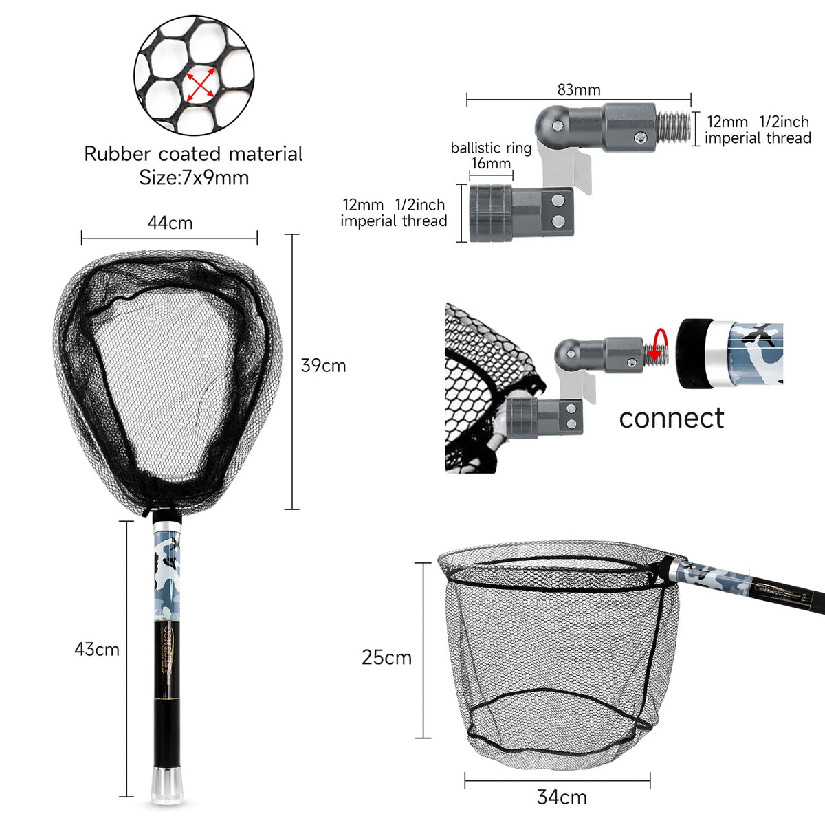 SANLIKE Folding Fishing Net Telescopic Handle with Adapter Fishing Net Set Rubber Coated Landing Net Catch Release Fishing Tools