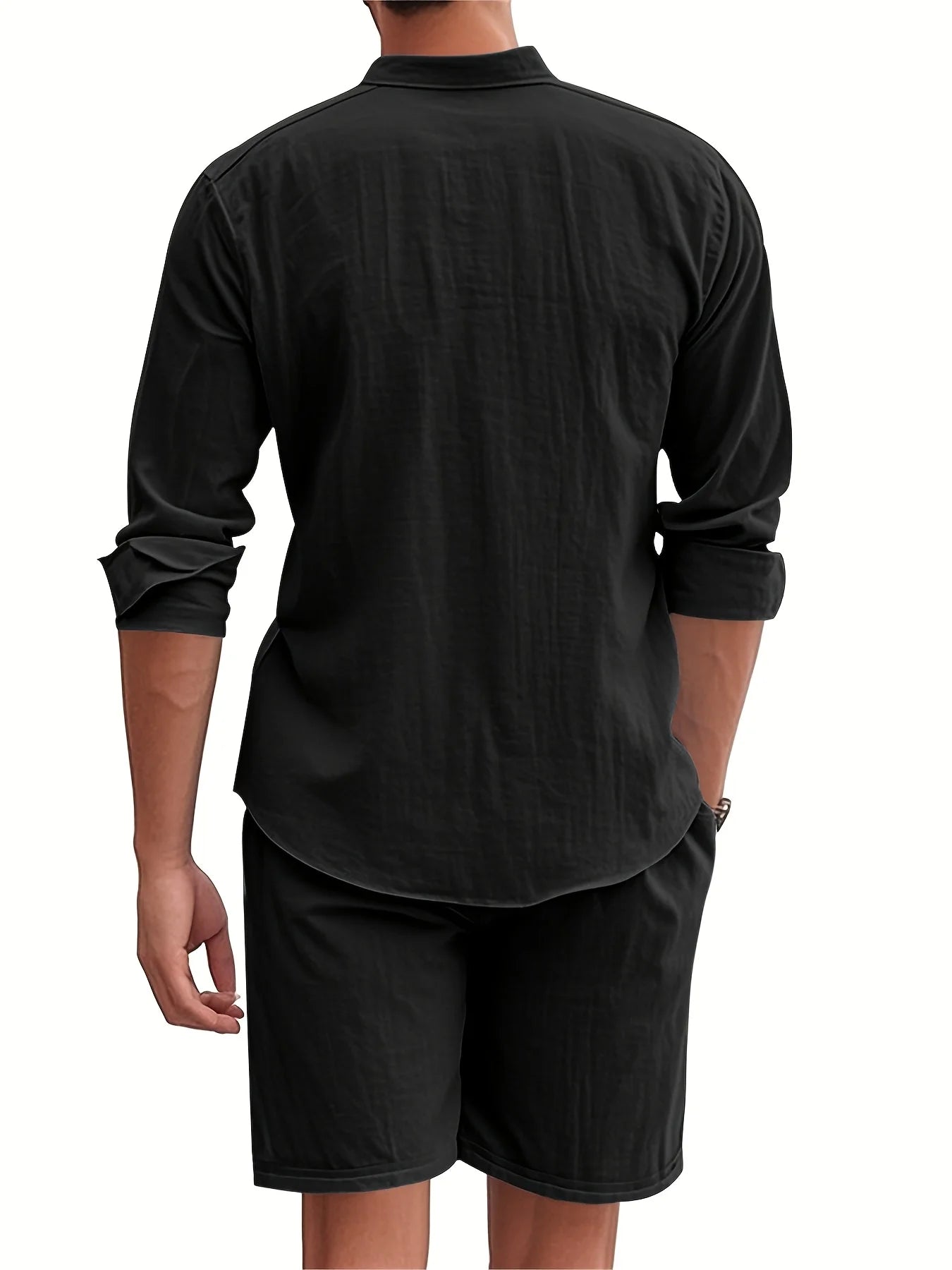 Men's summer two-piece polyester button shirt long sleeve shorts cardigan simple casual beach wear - the best choice for casual