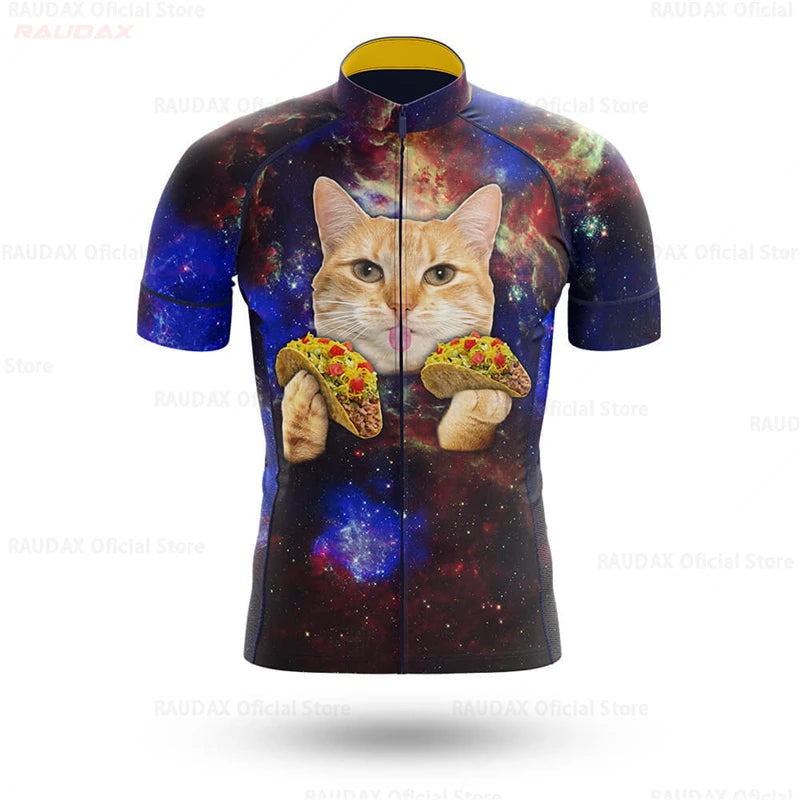2023 Men's Cycling Clothes Funny Cartoon Cat Summer Short Sleeve Cycling Jersey Set Breathable Quick Dry Sportswear Bike Uniform