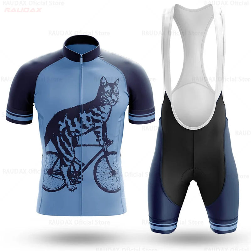2023 Men's Cycling Clothes Funny Cartoon Cat Summer Short Sleeve Cycling Jersey Set Breathable Quick Dry Sportswear Bike Uniform