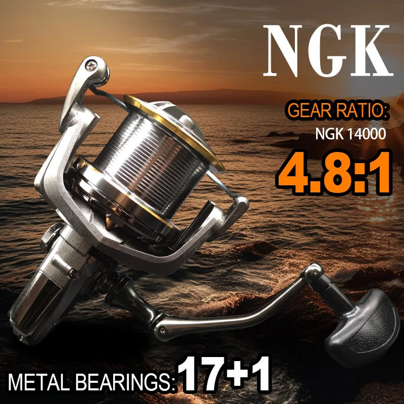 NGK Long Shot Jigging Spinning Reel 8000/9000/10000/12000/14000 Series 18BB Surf Fishing Reels 55lb Max Drag Saltwater Big Reel