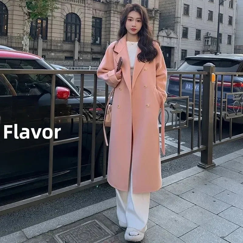 Blue Korean Style Woolen Coat Loose Women's Fashion Autumn Winter New Arrival Medium Length Belted Outerwear for Ladies