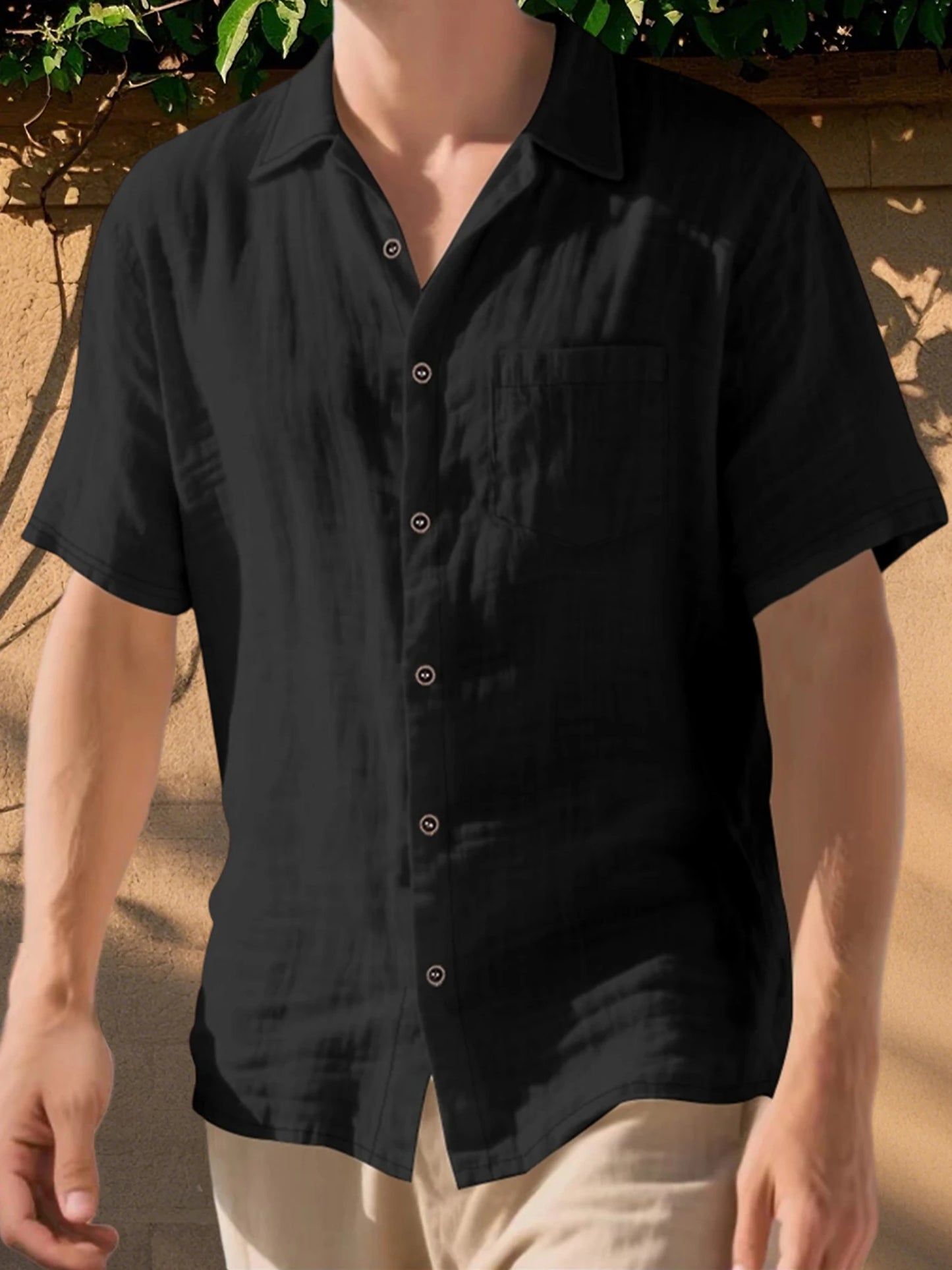 Men s Lightweight Linen Short Sleeve Button-Down Shirt Casual Solid Color Breathable Summer Tops Loose Fit Lapel Collar