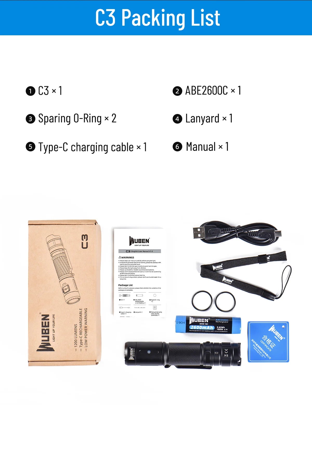 WUBEN C3 Flashlight 1200 High Lumens Rechargeable Flashlights 6 Modes Super Bright IP68 LED Tactical Flashlight for Camping