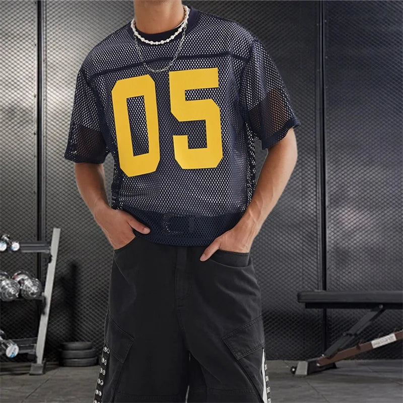 Men s Breathable Mesh Shirt with Bold Number Print Sheer Short Sleeves and Round Neckline - Perfect for Casual Streetwear and