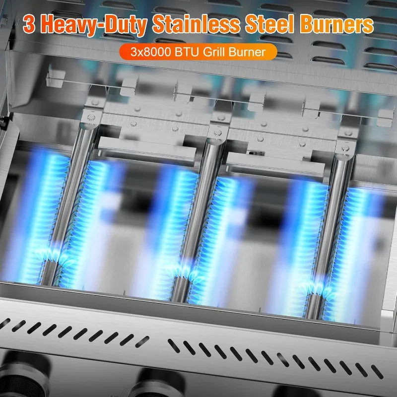 3-Burner Gas Grill with Folding Side Tables,Stainless Steel 24,000 BTU BBQ Grill,Outdoor Propane Grill for Barbecue,Patio