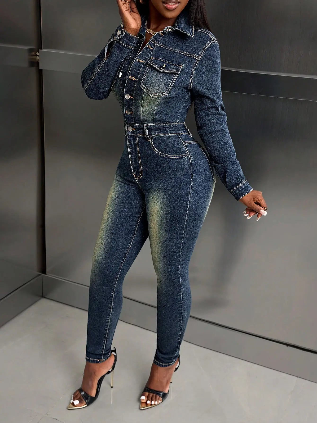 BWQ Retro Sexy Skinny Fit High-Waisted Washed Blue Denim Jumpsuit For Women, European & American Style, Autumn/Winter