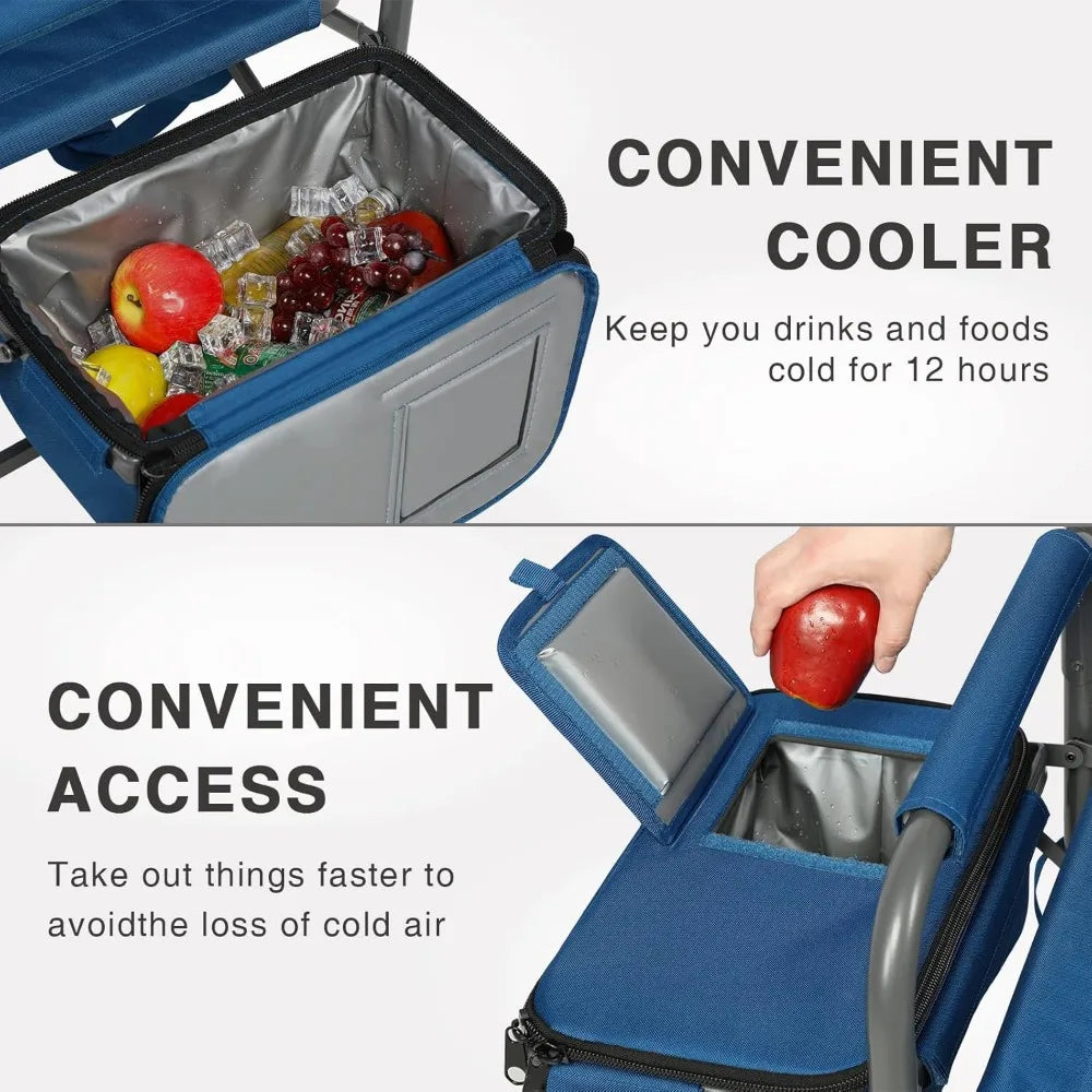 Fishing chair with pole holder and cooler, adjustable feet, net back folding camping chair with shoulder strap, supports 350 LBS