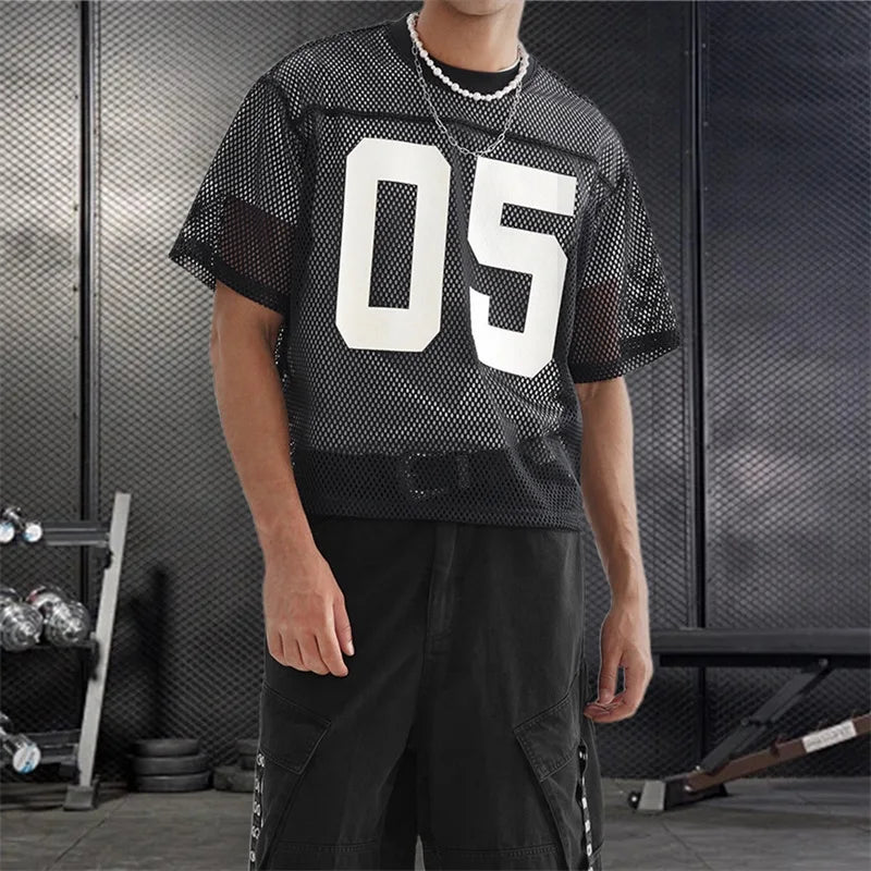 Men s Breathable Mesh Shirt with Bold Number Print Sheer Short Sleeves and Round Neckline - Perfect for Casual Streetwear and