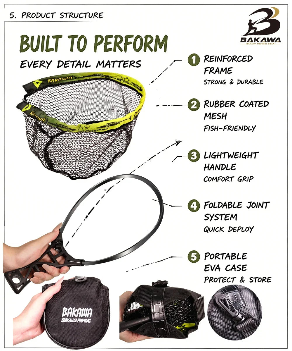 BAKAWA 25 30 S L Compact Folding Landing Net Rubber Mesh Lightweight Portable Fish Net Bass Fishing Quality Net Pesca Accesorios