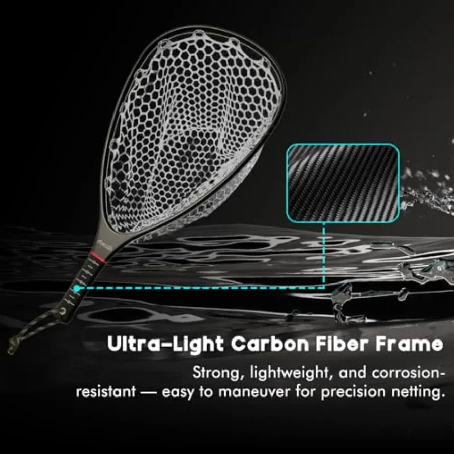 Fly Fishing Landing Net for Trout: Carbon Fiber Frame, Black/Gray, Soft Rubber Mesh Measurement Handle Standard or Long