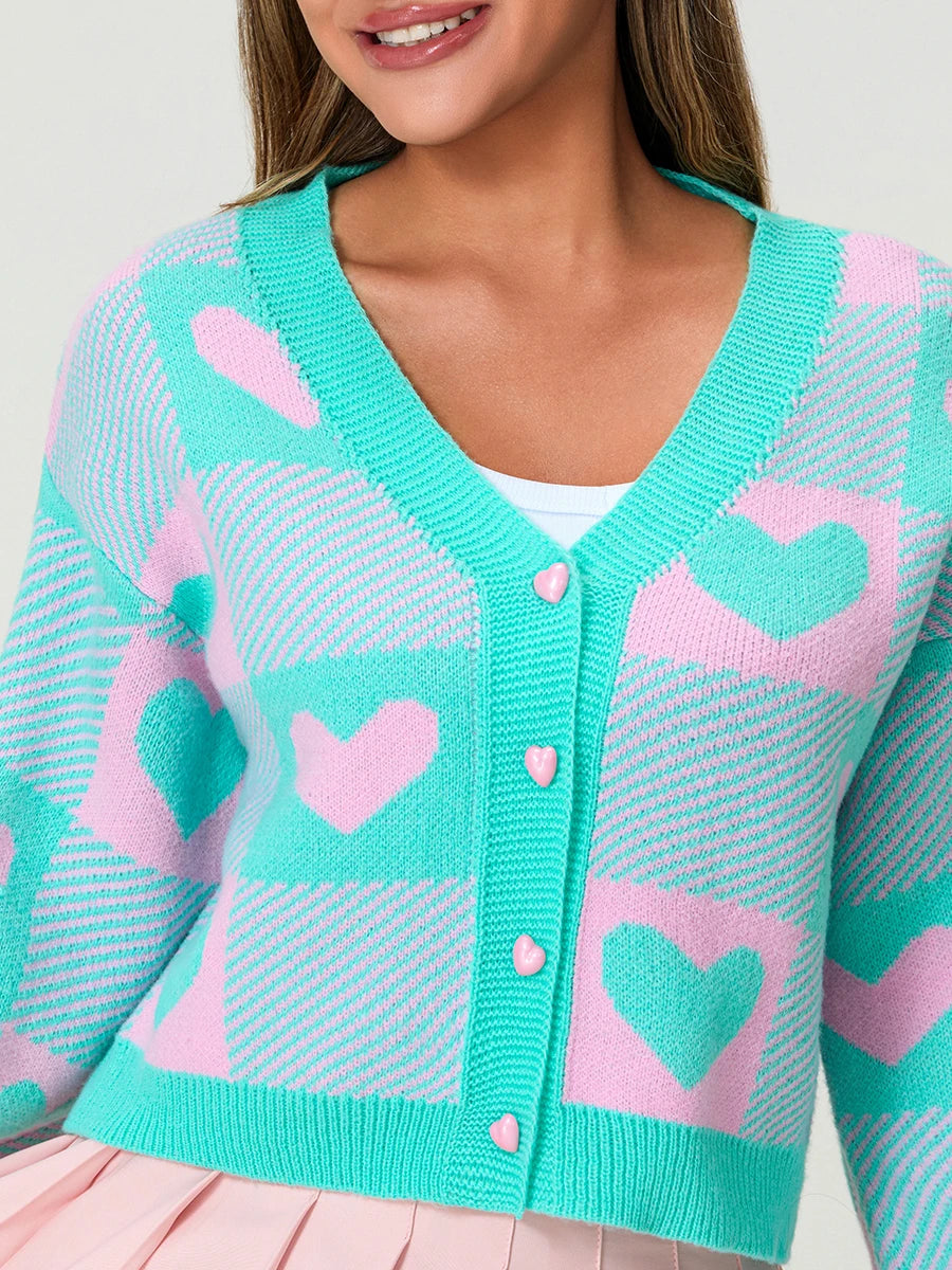 Valentine s Day Women s Heart Print Knit Sweater Cardigan with Long Sleeves V Neck and Button Up Detail