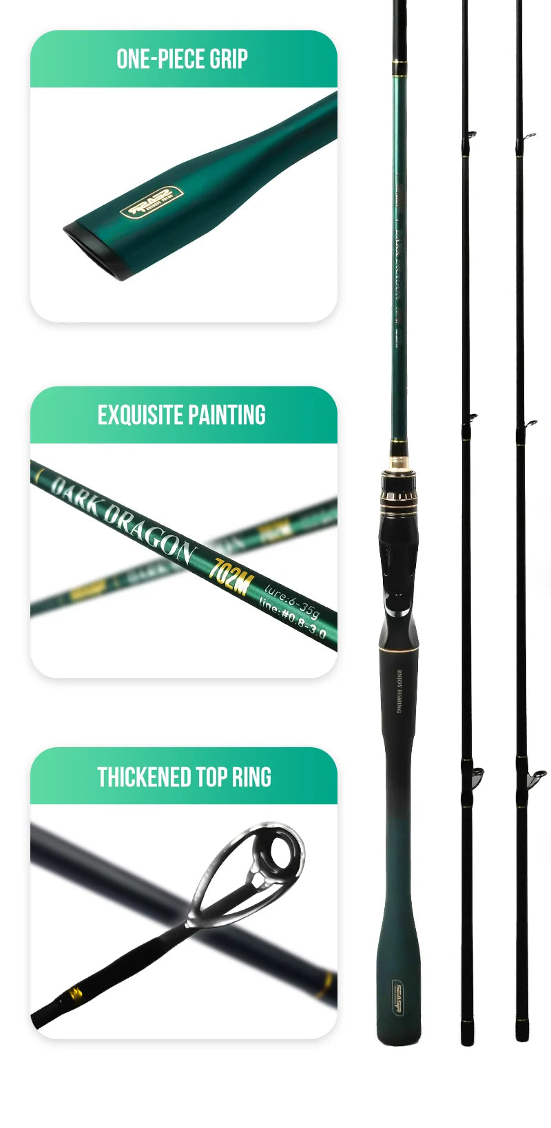 SEASIR Dark Dragon M/ML Two Rod Tips Spinning Baitcasting Fishing Rod Lure Carbon Fiber One-Piece Grip (6-35g/2.1M/2.4M)