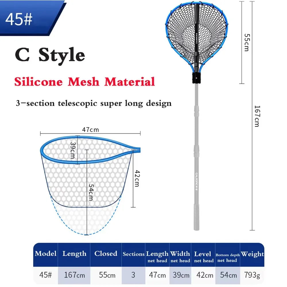 Foldable Fishing Landing Net with Long Handle for Bass Crappie Boat Saltwater Freshwater Quick Dry Rubber Mesh for Big Fish
