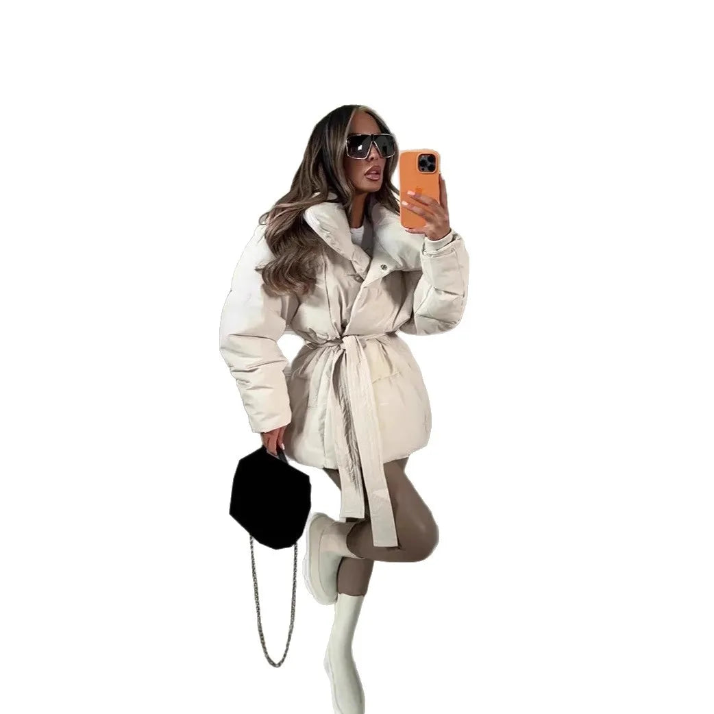 Women's Puffer Coat Large Lapel Collar Belted Waist Mid-Length Warm Winter Jacket Fashion Loose Padded Outerwear