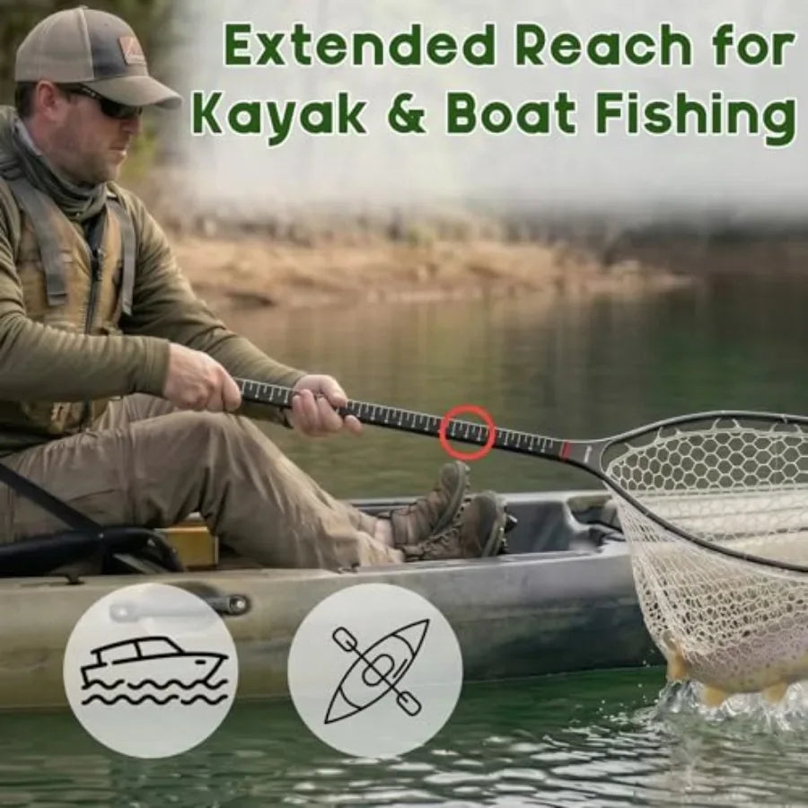 Fly Fishing Landing Net for Trout: Carbon Fiber Frame, Black/Gray, Soft Rubber Mesh Measurement Handle Standard or Long
