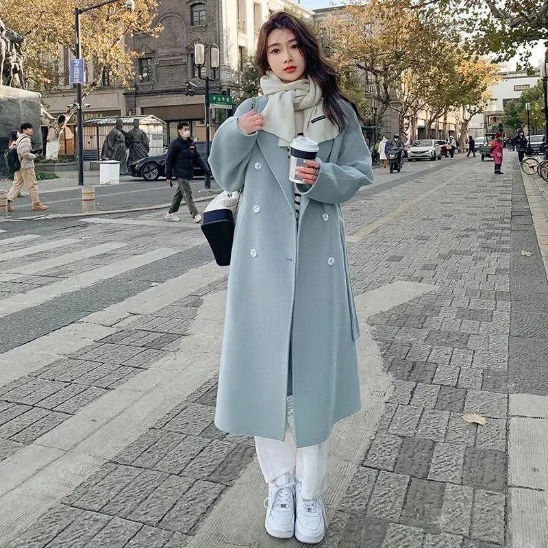 Blue Korean Style Woolen Coat Loose Women's Fashion Autumn Winter New Arrival Medium Length Belted Outerwear for Ladies