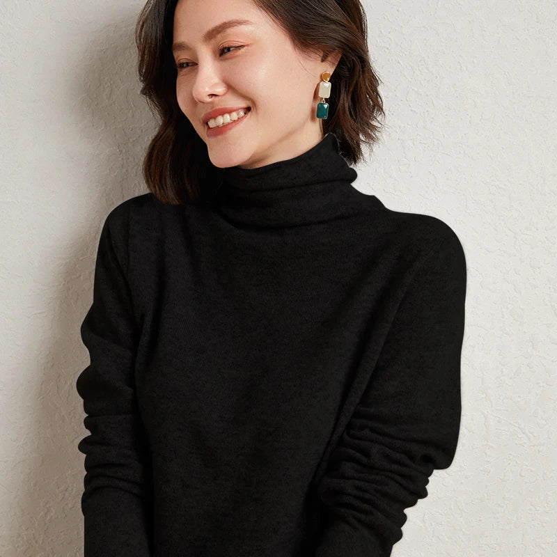 100%Merino Pure Wool Sweater Women's AutumnWinter Long Sleeve High Neck Pullover Warm High Quality Solid Color Basic Knit Jumper