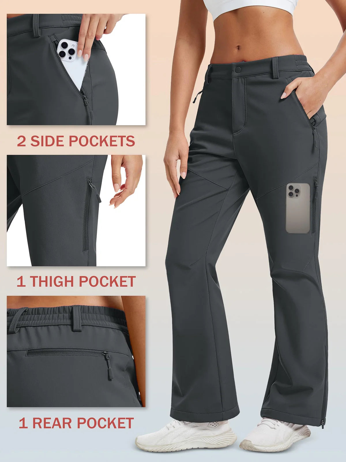 TACVASEN Womens Fleece Lined Waterproof Flare Pant with Zip Pockets Winter Warm Insulated Hiking Snow Ski Pant Outdoor Softshell
