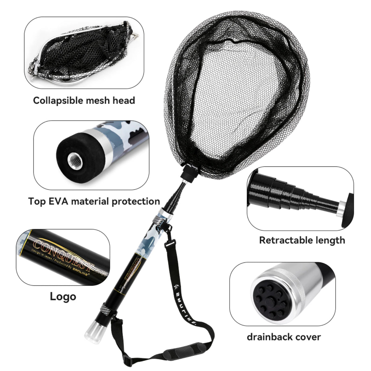 SANLIKE Folding Fishing Net Telescopic Handle with Adapter Fishing Net Set Rubber Coated Landing Net Catch Release Fishing Tools