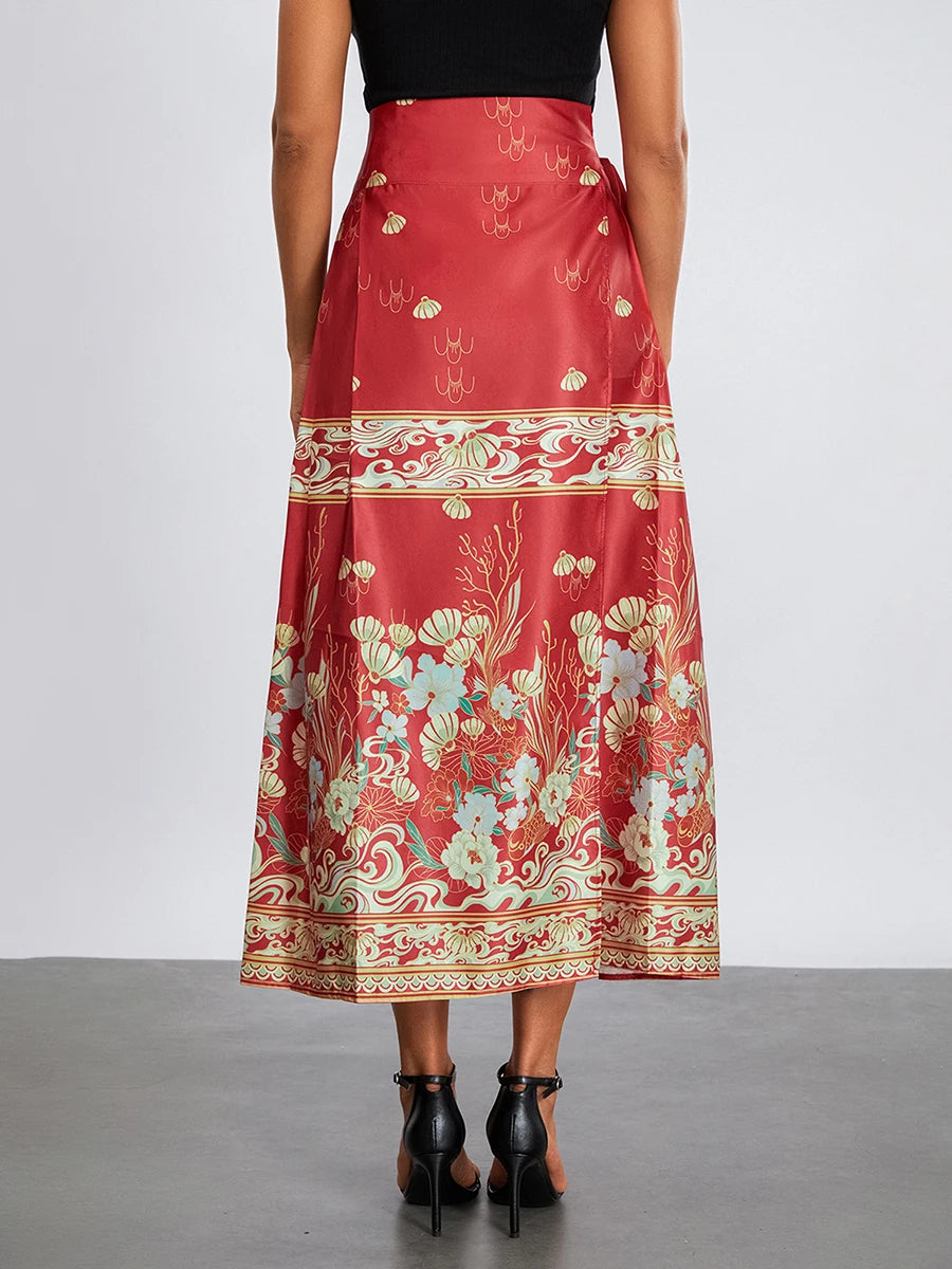 Women s Horse Face Skirt Elegant Phoenix Character Flower Print Pleated Tie Up A-Line Long Swing Skirt National Clothing