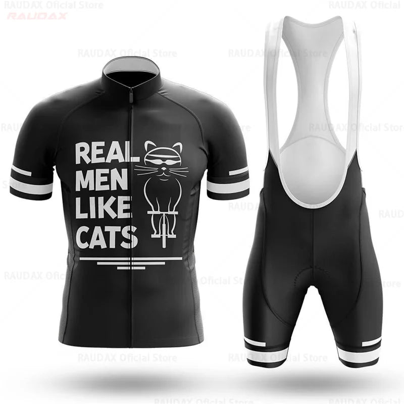 2023 Men's Cycling Clothes Funny Cartoon Cat Summer Short Sleeve Cycling Jersey Set Breathable Quick Dry Sportswear Bike Uniform