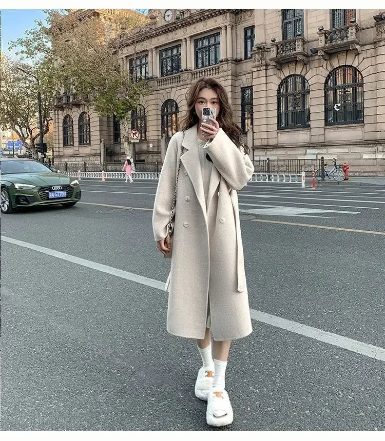 Blue Korean Style Woolen Coat Loose Women's Fashion Autumn Winter New Arrival Medium Length Belted Outerwear for Ladies