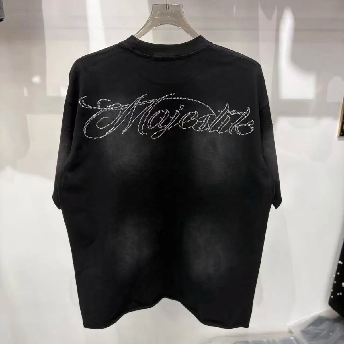 2026 Summer New MAJESTIK Men's T-shirt with Letter Hotfix Rhinestone Print Breathable Lightweight Casual Hip-Hop Style 100% Cotton Men/women T-shirt