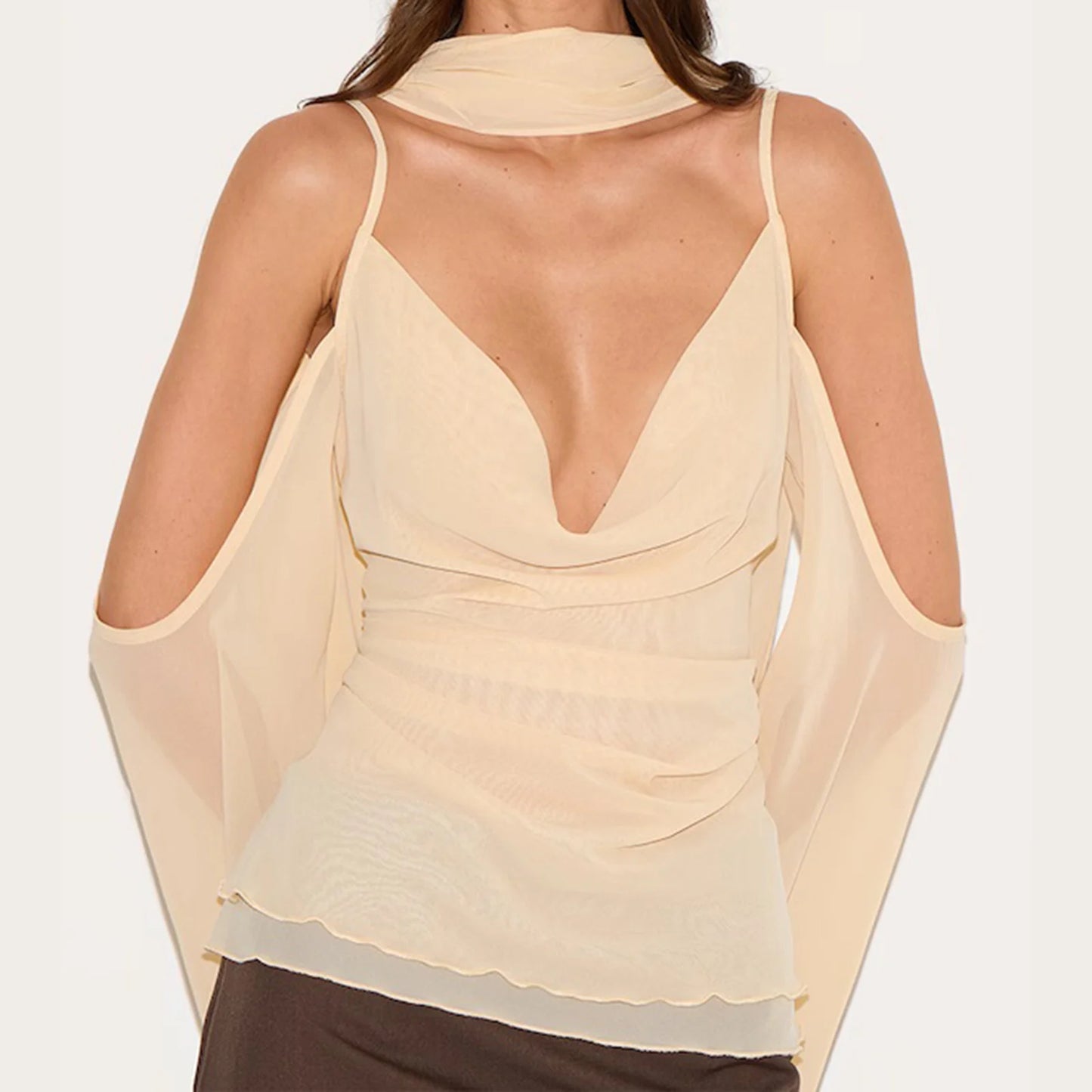 Elegant Off Shoulder Blouse with Scarf and Zipper Detailing Stylish Cowl Neck Long Sleeve Shirt for Chic Night Outfits