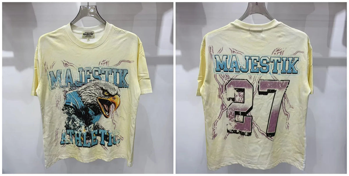 2026 Summer New MAJESTIK Men's T-shirt with Letter Hotfix Rhinestone Print Breathable Lightweight Casual Hip-Hop Style 100% Cotton Men/women T-shirt