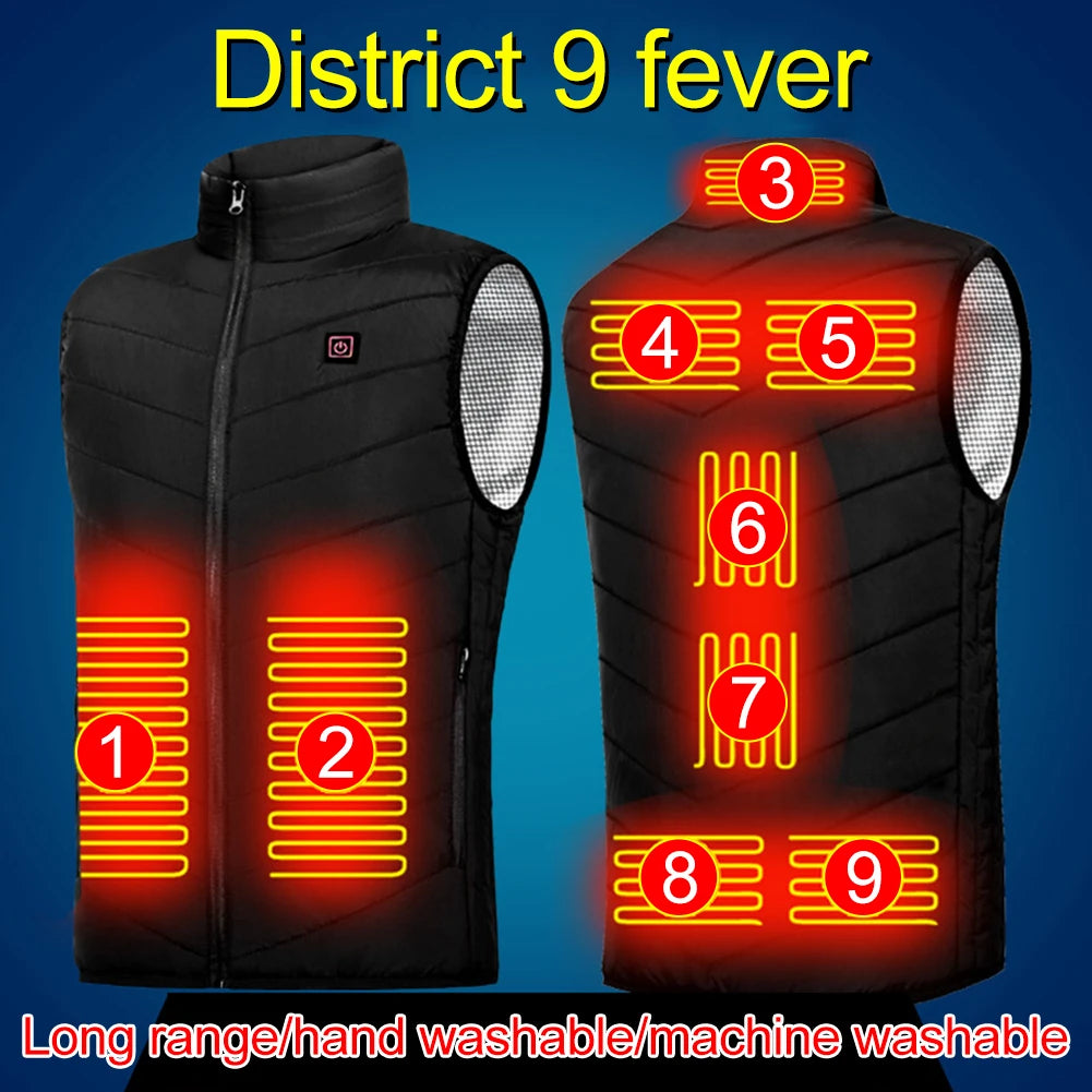 Unisex Electric Heated Vest 9 Heating Areas Heated Vest Coat Washable Lightweight with Zip USB Charging for Winter Sports Hiking
