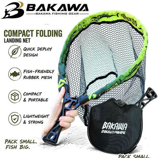 BAKAWA 25 30 S L Compact Folding Landing Net Rubber Mesh Lightweight Portable Fish Net Bass Fishing Quality Net Pesca Accesorios