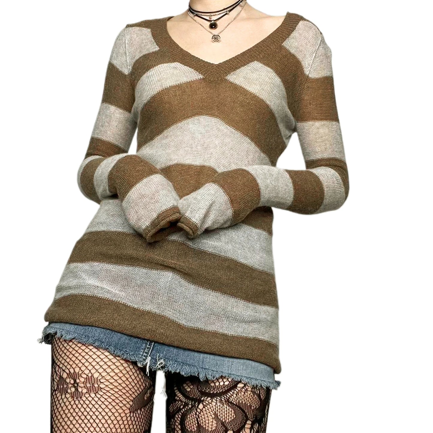Women s Spring Autumn Knit Sweater V Neck Long Sleeve  Fit Striped Knitwear Tops Dress