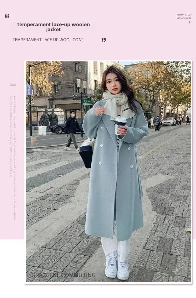 Blue Korean Style Woolen Coat Loose Women's Fashion Autumn Winter New Arrival Medium Length Belted Outerwear for Ladies