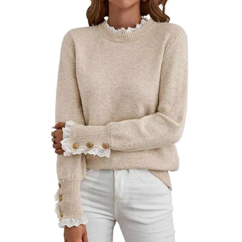Autumn and Winter New Fashion Woman Sweater Half High Neck Loose Lace Patchwork Knit Top
