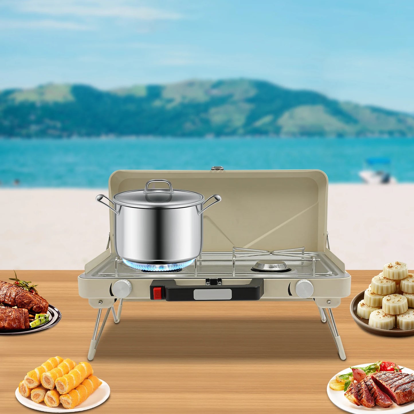 2-Burner Stainless Steel Camping Stove,Yellow/White Rectangular Portable Camping Stove Button+Knob for Outdoor Use