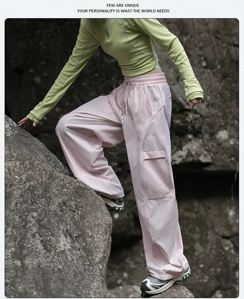 Women's Trendy Street Style Cargo Pants Fashion Oversized Pocket High Waist Baggy Pant Women Hip Hop Straight New Trousers Pink