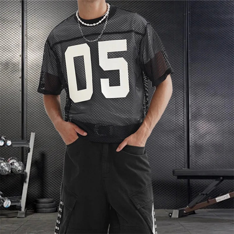Men s Breathable Mesh Shirt with Bold Number Print Sheer Short Sleeves and Round Neckline - Perfect for Casual Streetwear and