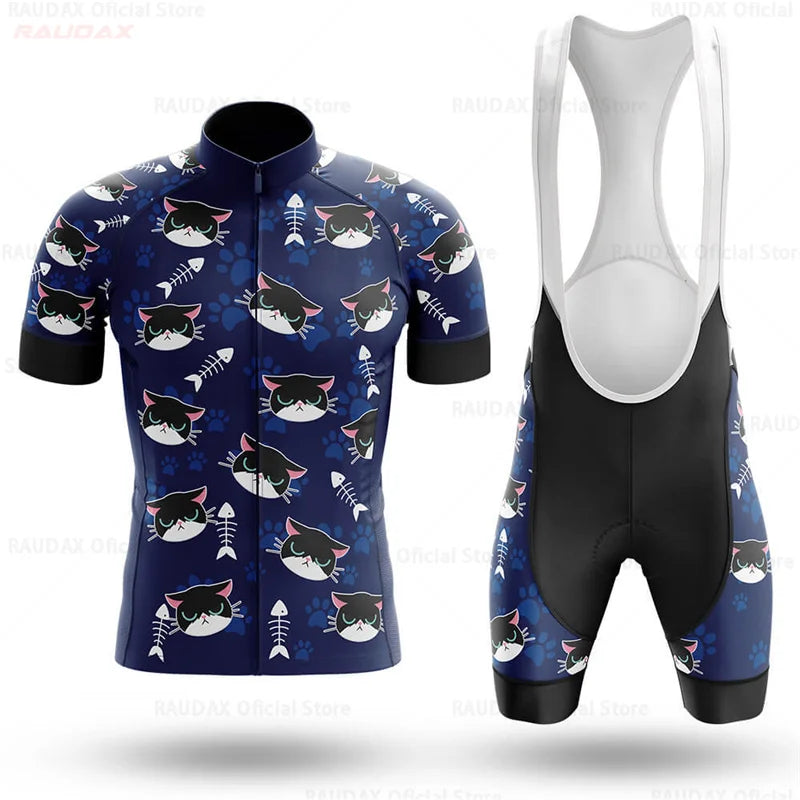 2023 Men's Cycling Clothes Funny Cartoon Cat Summer Short Sleeve Cycling Jersey Set Breathable Quick Dry Sportswear Bike Uniform